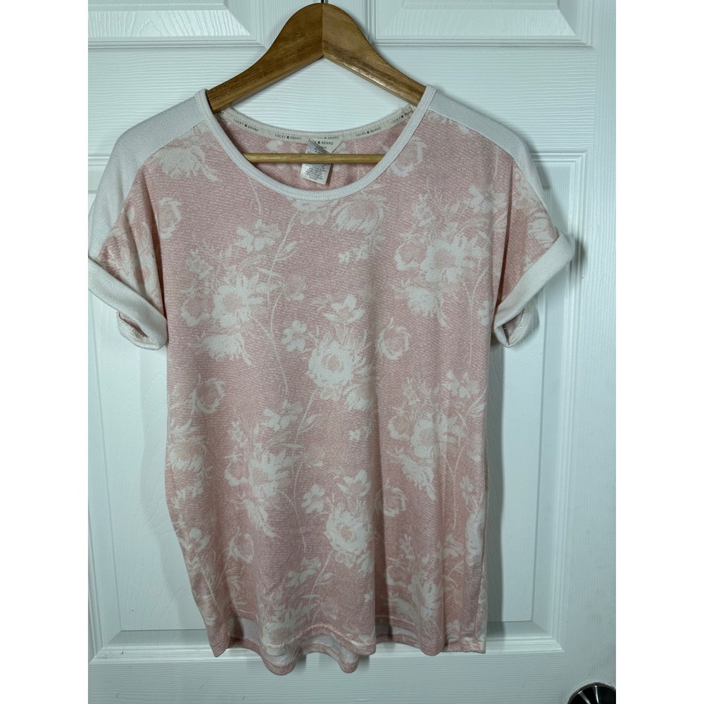 Lucky Brand Top Womens Small Pink Floral Knit T-Shirt Short Sleeve Casual 71222